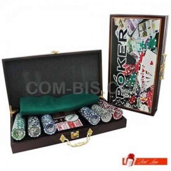 Покерный набор на 300 фишек с номиналом в деревянном кейсе