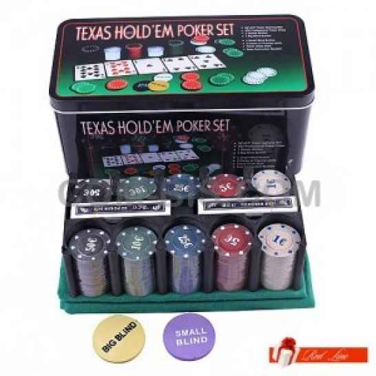 Покерный набор на 200 фишек с номиналом в металлической коробке